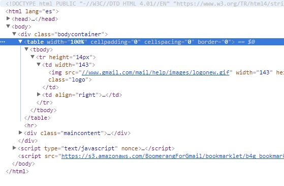 Captura de pantalla con la porción de código que contiene el logotipo de Gmail