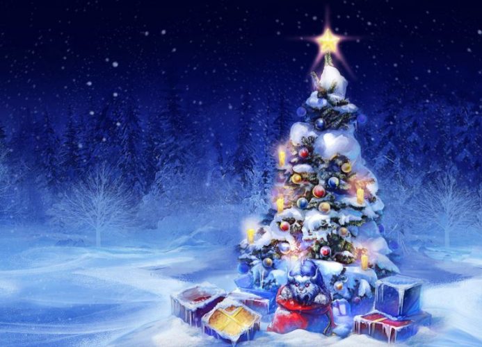Imagen de un árbol de Navidad decorado con regalos sobre un fondo azul y blanco nevado