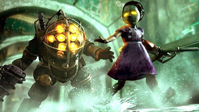 Una de las clásicas imágenes del excelente videojuego Bioshock donde se aprecia al Big Daddy y a la nia corriendo delante de él