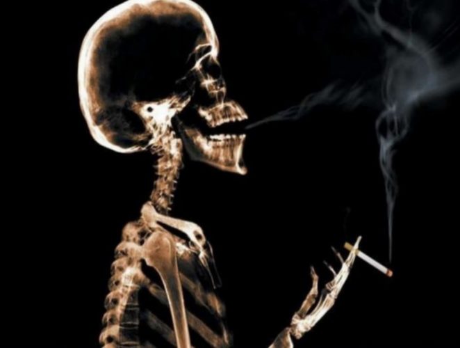 Imagen de perfil de un esqueleto humano fumando