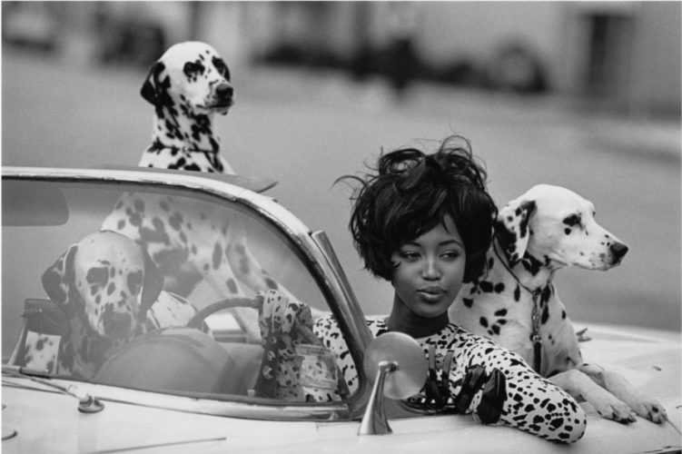 Foto de la modelo Naomi Campbell sentada en un coche descapotable con tres perros dálmatas que le acompañan.