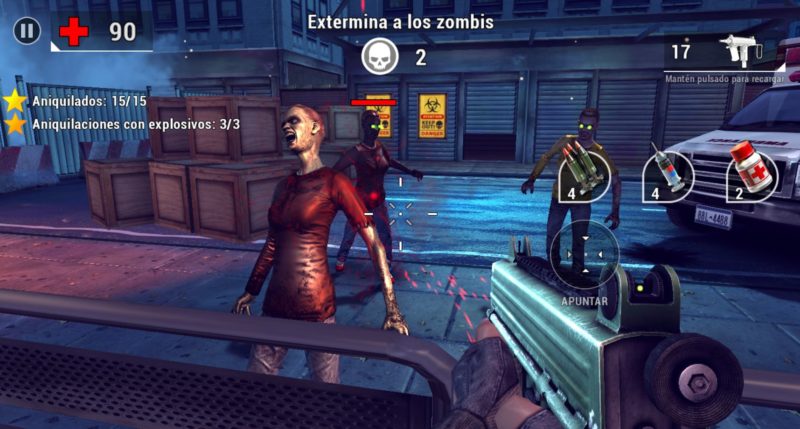 Captura de pantalla de Unkilled donde se ve una metralleta en primera persona disparando a una chica zombie con un vestido rojo