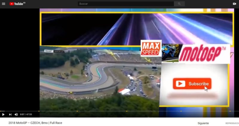 Una captura de como puede mostrarse la carrera de motogp en Youtube. Ocupando tan sólo una cuarta parte de toda la pantalla para no ser detectado por los algoritmos de YouTube