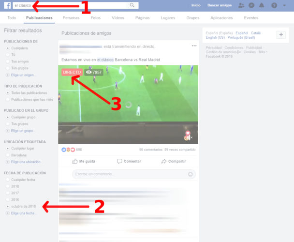 Una captura de pantalla con todos los pasos que hay que hacer para ver el partido Barcelona Real Madrid en Facebook