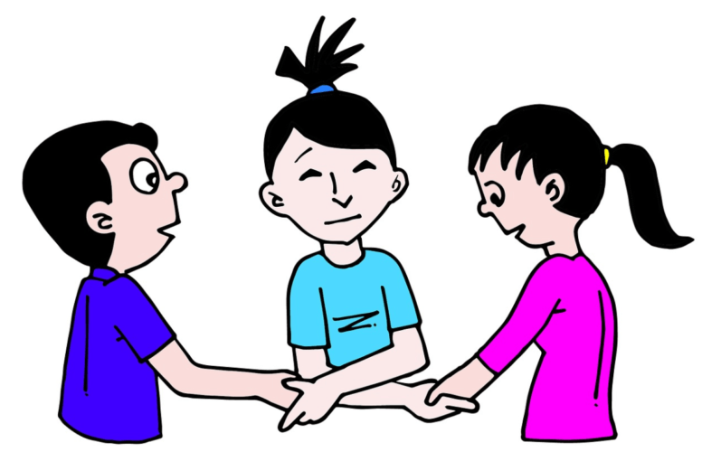 Dibujo de una mediadora entre dos personas dándose todos la mano