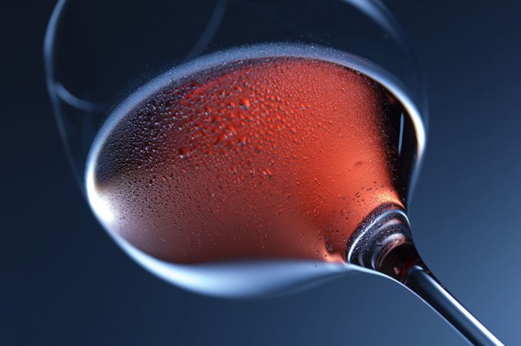 En la foto tomada desde abajo se aprecia el detalle una copa de vino medio llena de un vino rosado, parece que el que bebe esté agitando la copa para ver el color del vino
