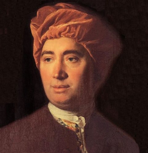 Retrato de David Hume. Foto primer plano de semi perfil sobre fondo negro.