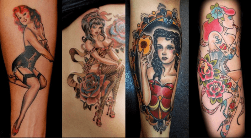 Cuatro tatuajes de chicas Pin-up hechos en brazos diferentes