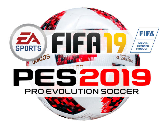 En la foto se ven los logotipo de los juegos de fútbol FIFA 19 y PES 2019 sobre el balón oficial de la FIFA