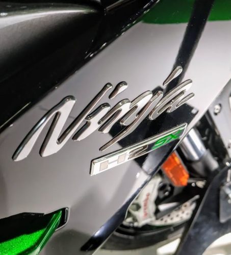 En la foto un zoom al logo del carenado de la moto de Kawasaki