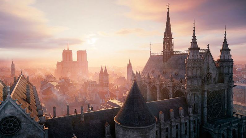 En la captura una vista aérea in game de la catedral de Notre Dame