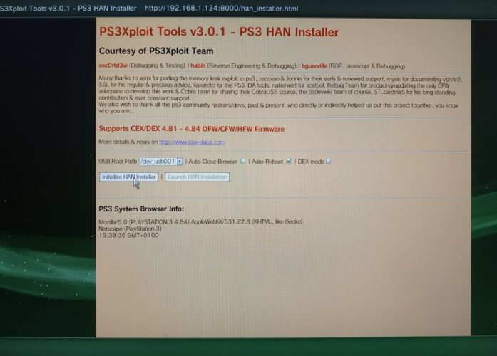 Una captura de pantalla de la instalación del programa HAN installer para poder instalar copias piratas en la PS3