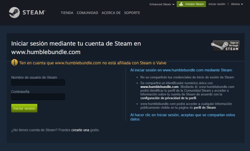 Captura de la web de Steam donde enlazamos la cuenta de HumbleBundle