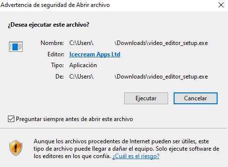 Diálogo de Windows con el Permiso de ejecución del archivo descargado