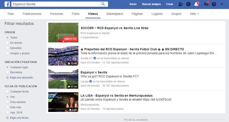 Captura de pantalla de cómo ver fútbol a través de Facebook