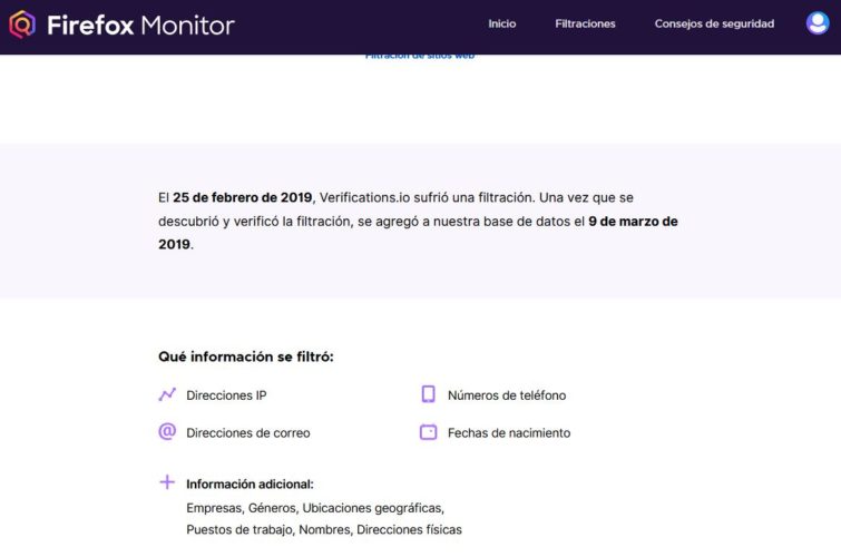 Captura de pantalla de la web de Firefox Monitor