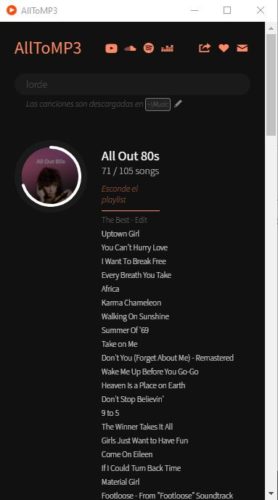 Captura de la aplicación de PC AllToMP3 en el proceso de descarga de la lista donde lleva 71 de 105 canciones descargadas