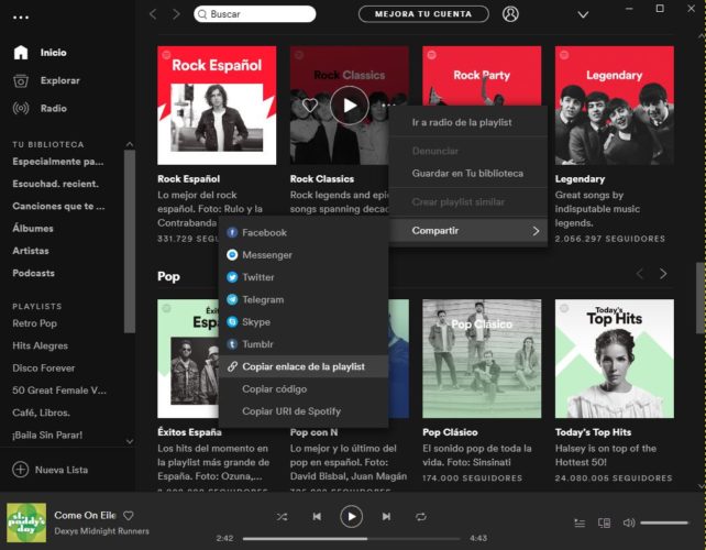 Captura de pantalla de Spotify donde mostramos como copiar el enlace de una playlist