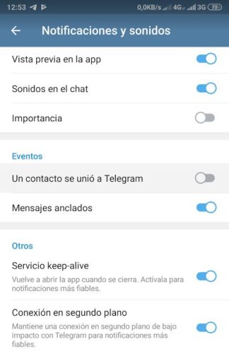 Detalle de la captura de pantalla de la app del móvil donde podemos desactivar las notificaciones de Telegram cuando un amigo comienza a utilizar Telegram por primera vez 