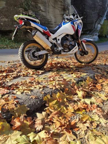 En la foto vemos a la moto de Honda por su lateral derecho y el asfalto recubierto de hojas caídas