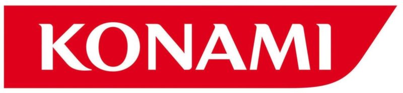 La imagen contiene el logotipo de Konami en letras blancas sobre fondo rojo