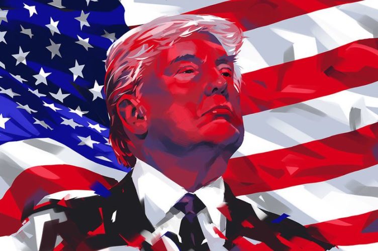 En el dibujo se be a un altivo y bastante favorecido en la foto Donald Trump, presidente de los estados unidos, sobre un fondo con la bandera americana
