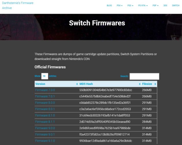 Captura de a web Darthsternie de donde se recopilan firmwares de consolas