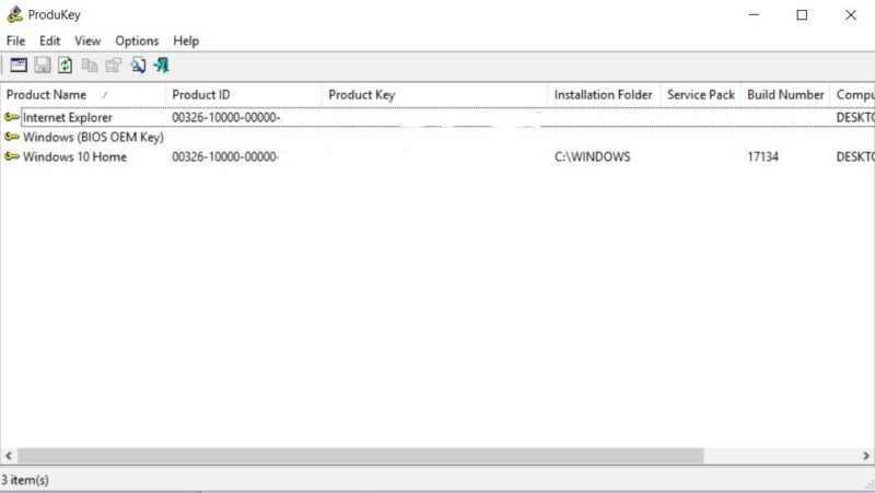 Una captura del programa ProduKey tras abrirlo donde se muestran tres claves de producto, la buena es la de Windows 10 Home