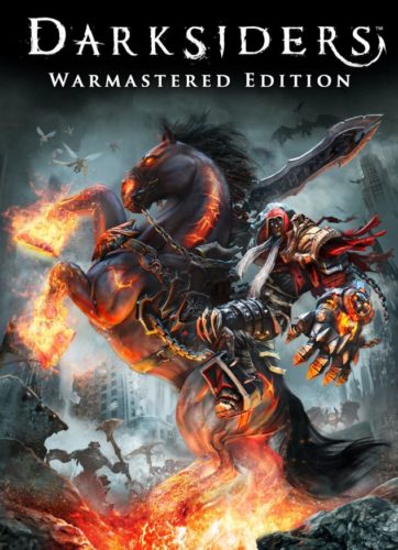 La portada del videojuego Darksiders Warmastered Edition donde sale el protagonista llamado Guerra blandiendo su gran espada y montado sobre su caballo con las patas en llamas 