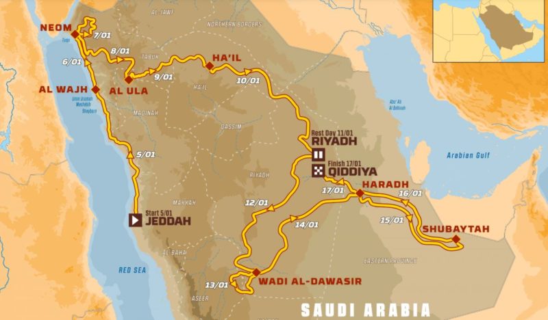El recorrido del Dakar 2020 dibujado sobre un mapa de Arabia Saudí
