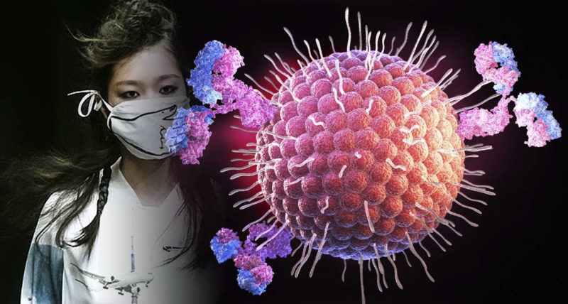 En la foto se ve una simulación de virus coronavirus de Wuhan y al fondo en blanco y negro una china con mascarilla